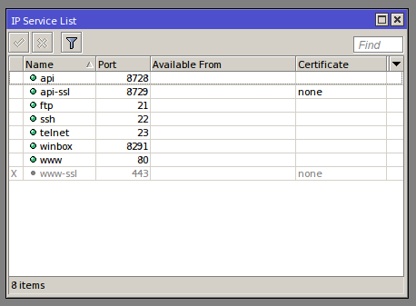 routeros - ip Service List window