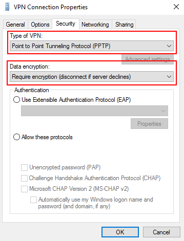 VPN Connection Properties - Security tab
