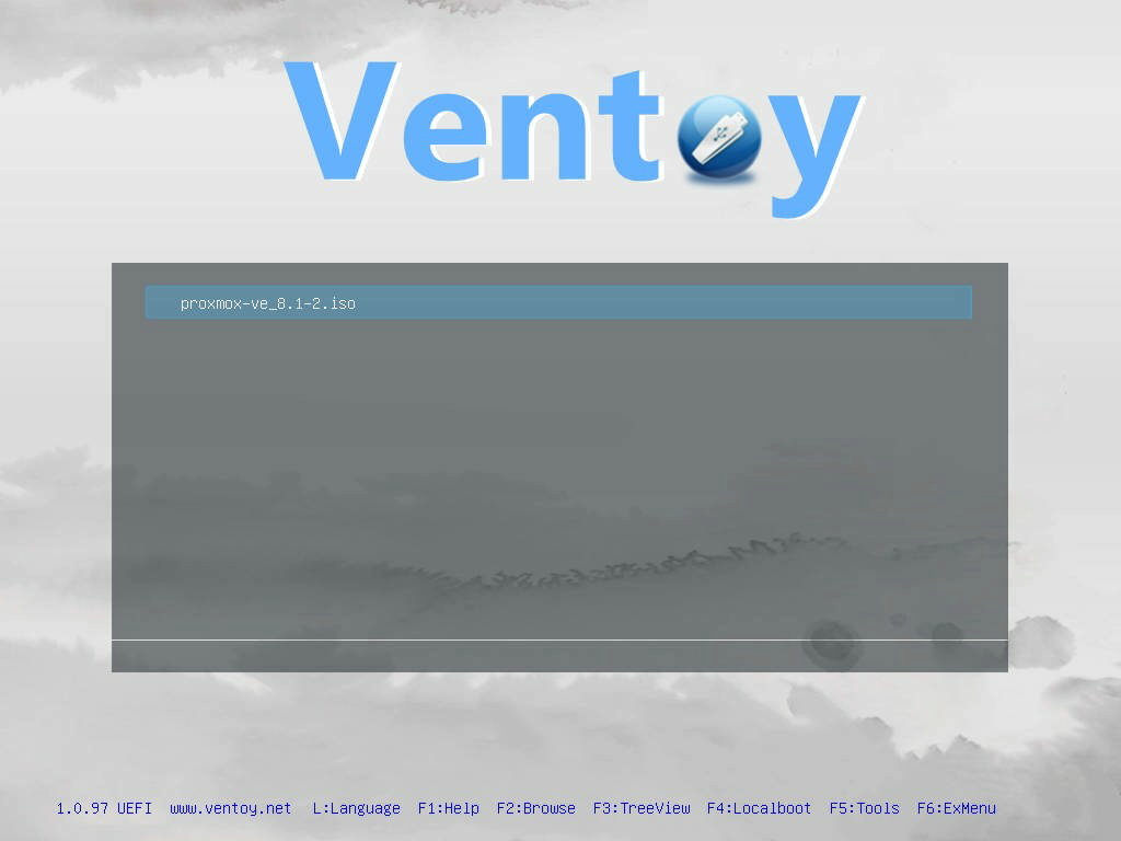 Ventoy interface with Proxmox ISO selected