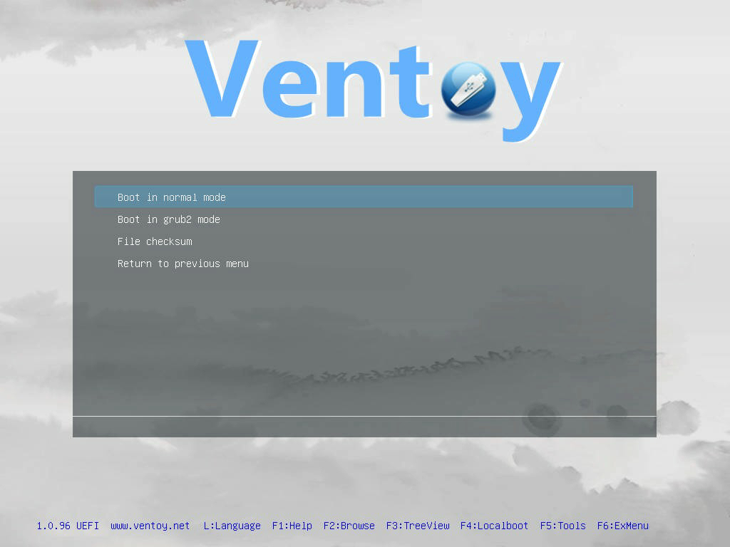 Ventoy interface, choosing to boot in normal mode