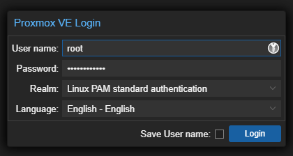 Proxmox login screen