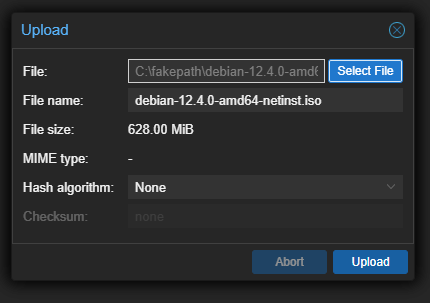 Proxmox ISO upload dialog