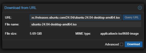 Proxmox download ISO dialog