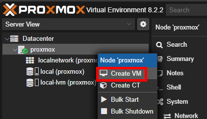 Creating VM from the side menu