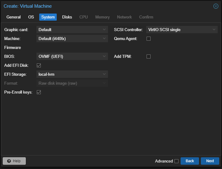 VM creation - System tab - enabled UEFI