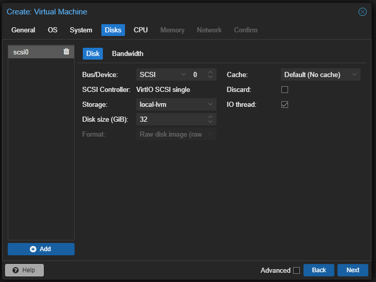 VM creation - Disk tab