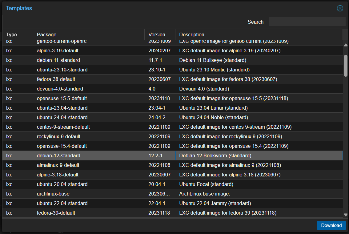 Downloading a template from Proxmox Web interface