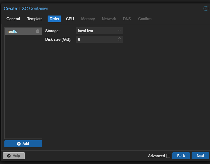 Creating CT - Disk tab