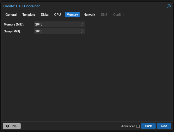 Creating CT - Memory tab