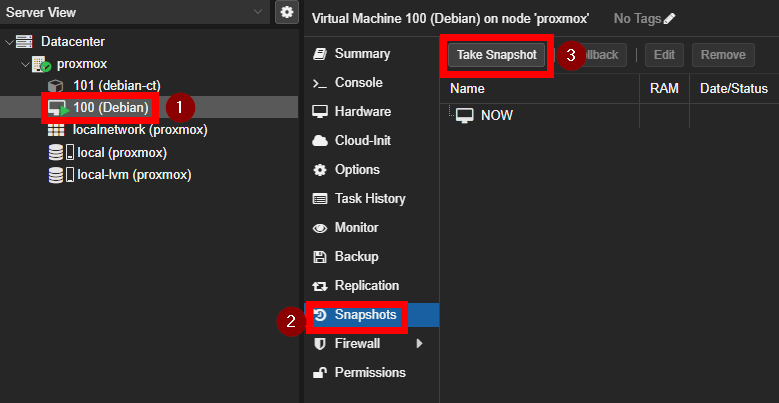 Snapshots for VM 100