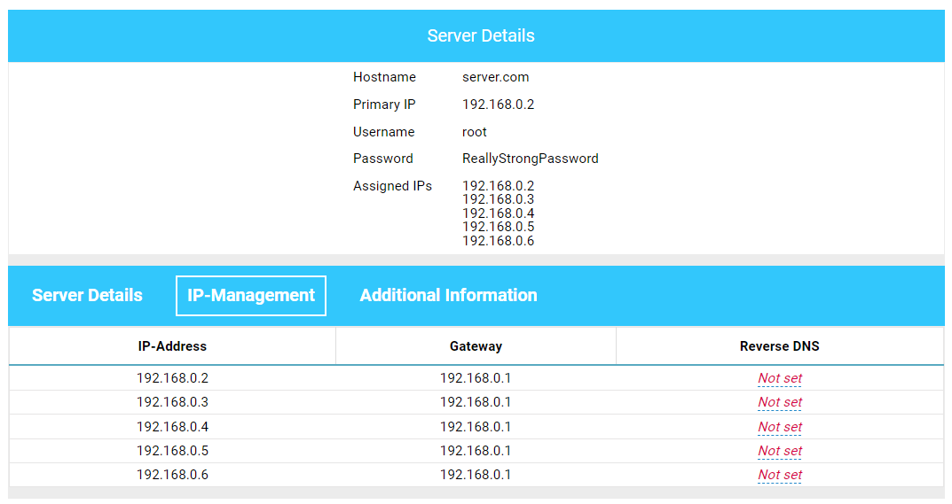 IP-management tab in Dedicated server control panel