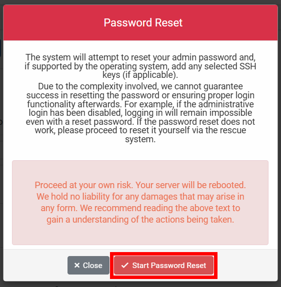 Root Password Reset dialog