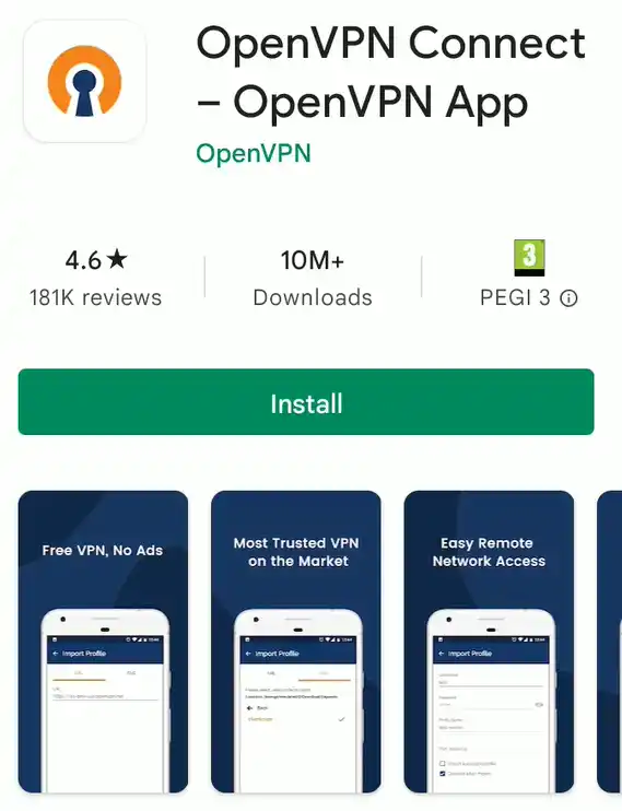 OpenVPN Connect app listing on the Google Play Store by OpenVPN Technologies, showing the app icon, Install button, rating and Utilities category