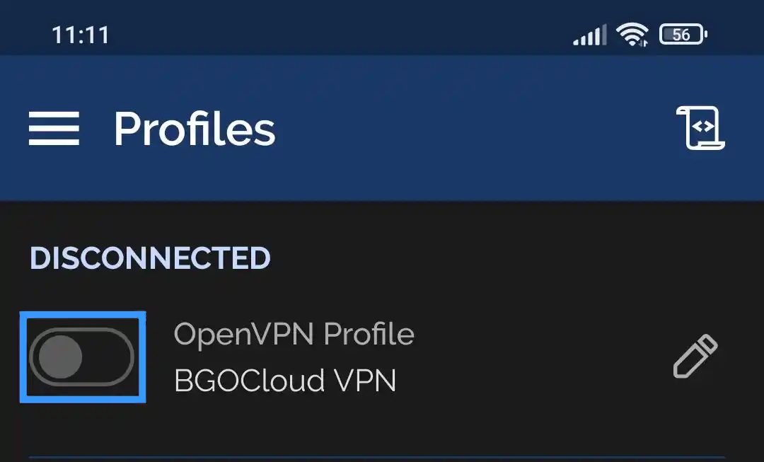 OpenVPN Connect Android profile list showing the VPN profile in DISCONNECTED state with toggle switch ready for reconnection
