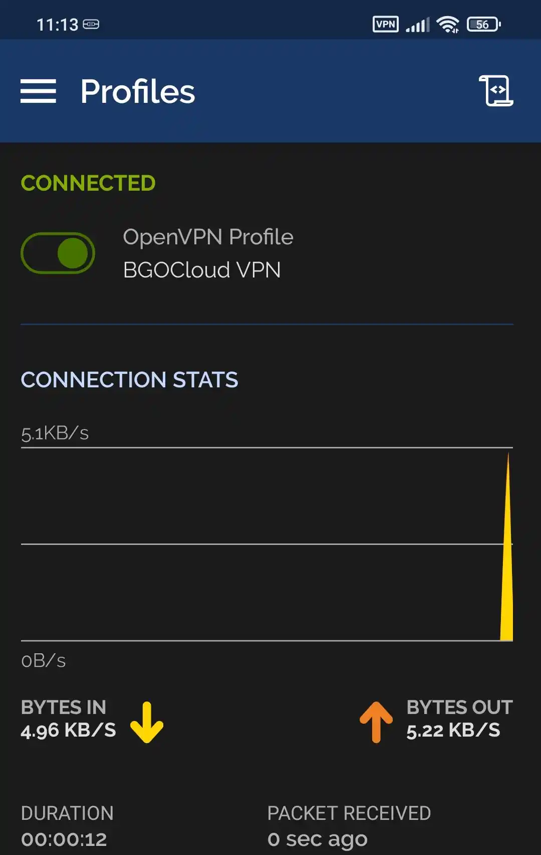 OpenVPN Connect Android profile screen showing CONNECTED status with live connection stats displaying bytes in and out