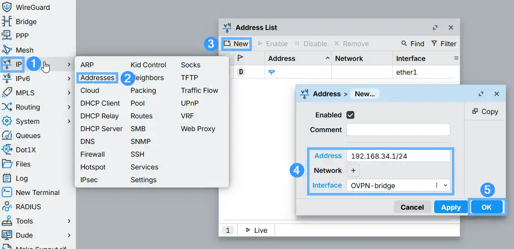 Assigning IP address 192.168.34.1/24 to the OVPN-bridge interface in RouterOS via IP > Addresses > New dialog