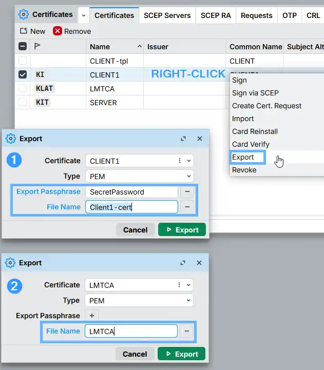 Right-clicking the LMTCA certificate in MikroTik WinBox and selecting Export from the context menu