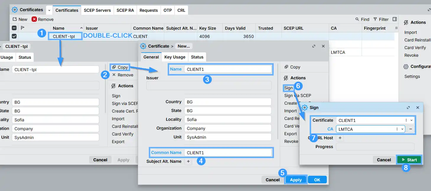 Creating CLIENT1 certificate by copying the CLIENT-tpl template in RouterOS — name and common name changed to CLIENT1 before signing with LMTCA