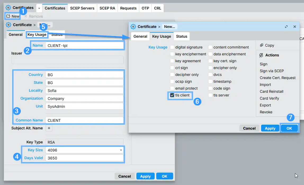 Creating a client certificate template named CLIENT-tpl in RouterOS — Key Usage tab with only tls-client checked and 4096-bit key size