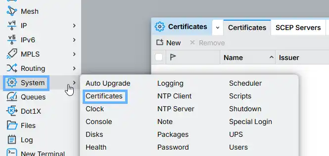 System > Certificates window in MikroTik WinBox showing an empty certificate list and the New button