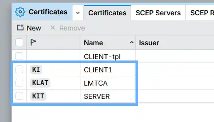 RouterOS certificate list showing correct flags: K L A T for the CA, K I T for the server certificate, and K I for each client certificate