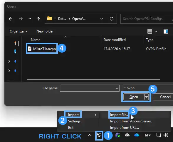 OpenVPN Community client on Windows — right-clicking the system tray icon, selecting Import > Import file, and the Windows file dialog showing MikroTik.ovpn selected