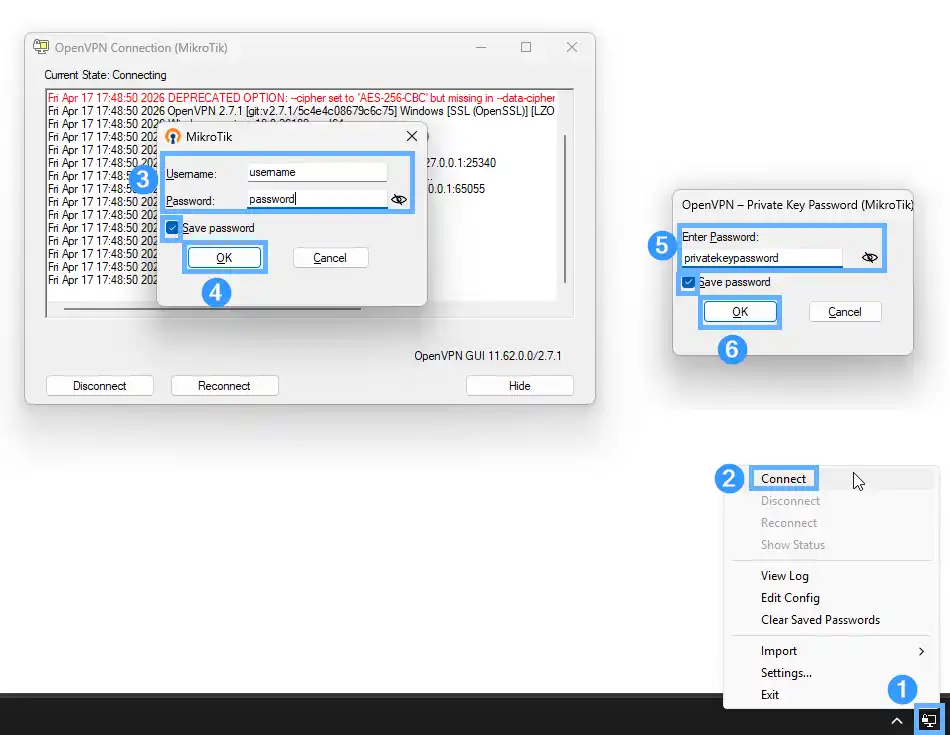 OpenVPN Community client connection log window with the username and password dialog overlaid, showing Save password checkbox, and a separate Private Key Password prompt