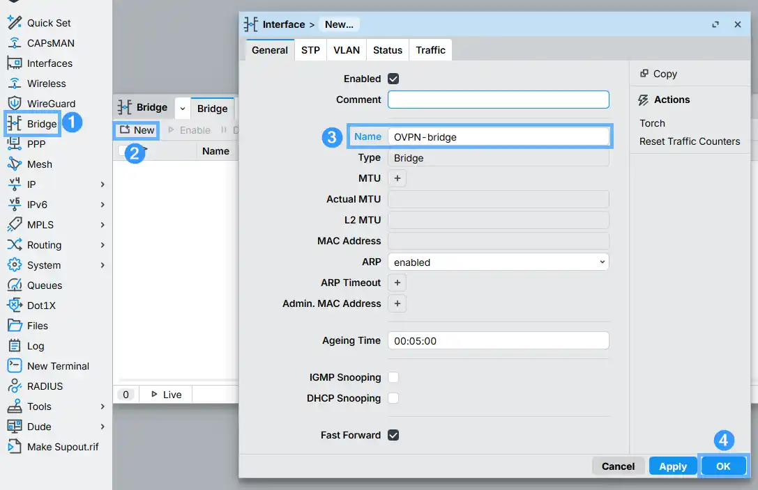 Creating a new bridge interface named OVPN-bridge in MikroTik WinBox — Bridge > New dialog with name field filled in