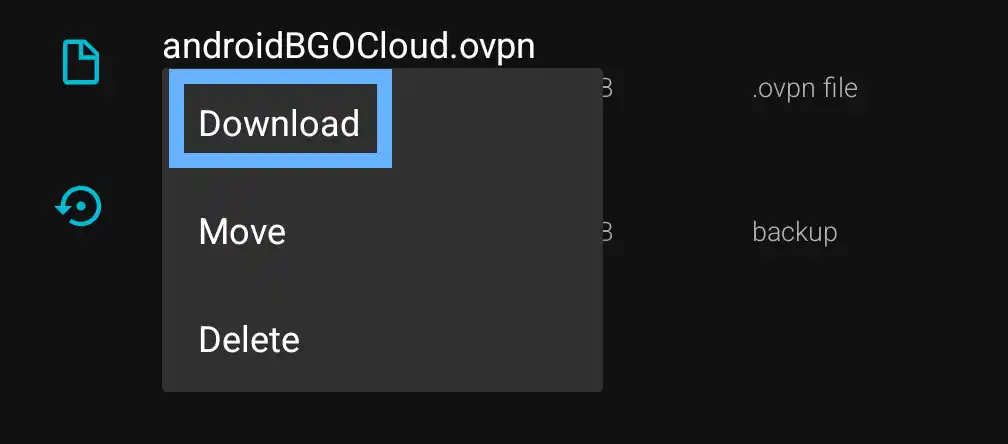 MikroTik WinBox for Android showing the ANDROID OVPN.ovpn file detail screen with the three-dot menu highlighted and download option visible