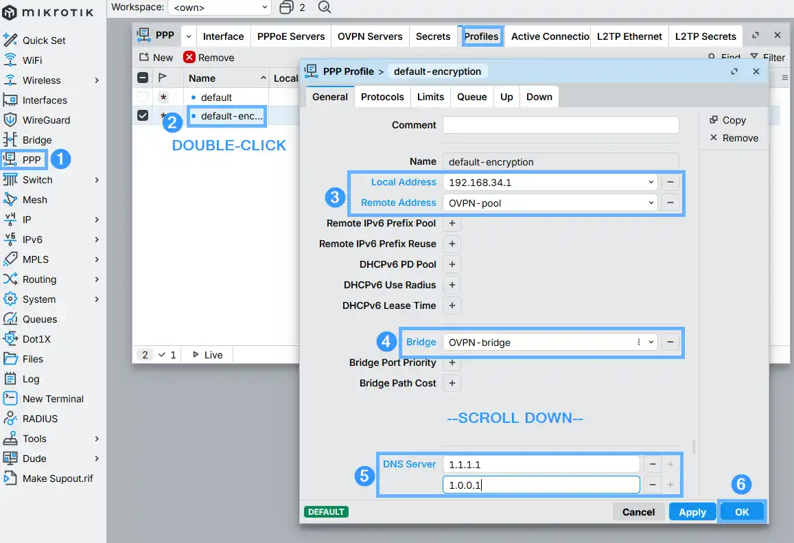 Editing the default-encryption PPP profile in RouterOS — local address 192.168.34.1, remote address OVPN-pool, bridge OVPN-bridge and DNS servers 1.1.1.1 and 1.0.0.1 configured