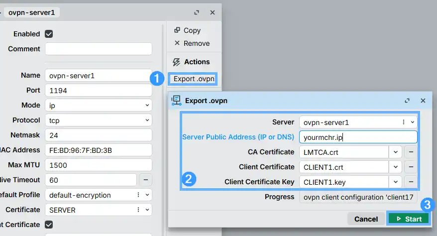 RouterOS OVPN Server settings showing the Export .ovpn button and the Export .ovpn dialog with server public address, CA certificate LMTCA.crt, client certificate CLIENT1.crt and client key CLIENT1.key fields