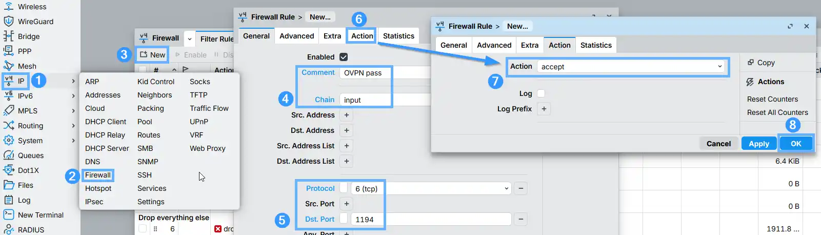 New firewall filter rule in RouterOS WinBox — chain input, TCP protocol, destination port 1194, action accept, comment OVPN pass