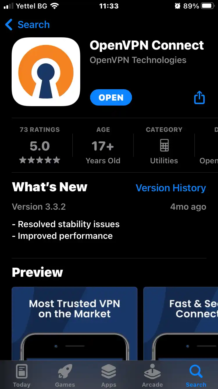 OpenVPN Connect app listing on the Apple App Store by OpenVPN Technologies, showing the app icon, Open button, 5-star rating and Utilities category