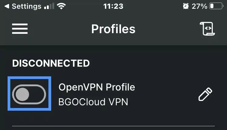 OpenVPN Connect iOS Profiles screen showing the BGOCloud VPN profile in DISCONNECTED state with the toggle switch highlighted for quick reconnection