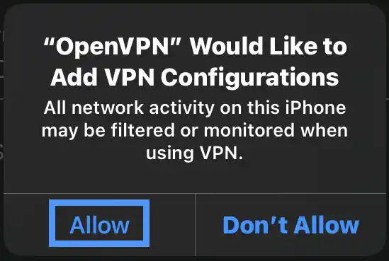 iOS system dialog — OpenVPN Would Like to Add VPN Configurations — with the Allow button highlighted