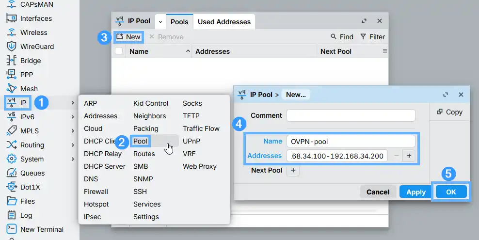 Creating an IP Pool named OVPN-pool in RouterOS — IP > Pool > New with address range 192.168.34.100-192.168.34.200
