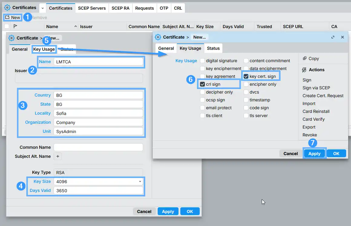 Creating the LMTCA Certificate Authority in RouterOS — General tab showing name, country and organization fields alongside the Key Usage tab with crl sign and key cert sign checked