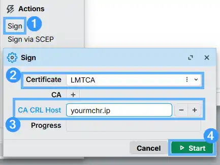 Signing the LMTCA Certificate Authority in RouterOS — Sign dialog with CA-CRL Host field set to the CHR public IP address