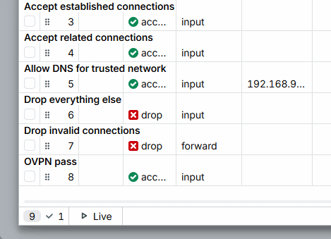 Animation showing the OpenVPN accept firewall rule being dragged above the drop-all rule in MikroTik WinBox firewall filter list