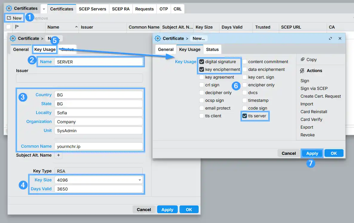Creating the OpenVPN SERVER certificate in RouterOS — Key Usage tab with digital-signature, key-encipherment and tls-server selected and 4096-bit RSA key size