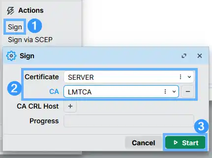 Signing the OpenVPN SERVER certificate using the LMTCA Certificate Authority in RouterOS WinBox — Sign dialog with ca field set to LMTCA