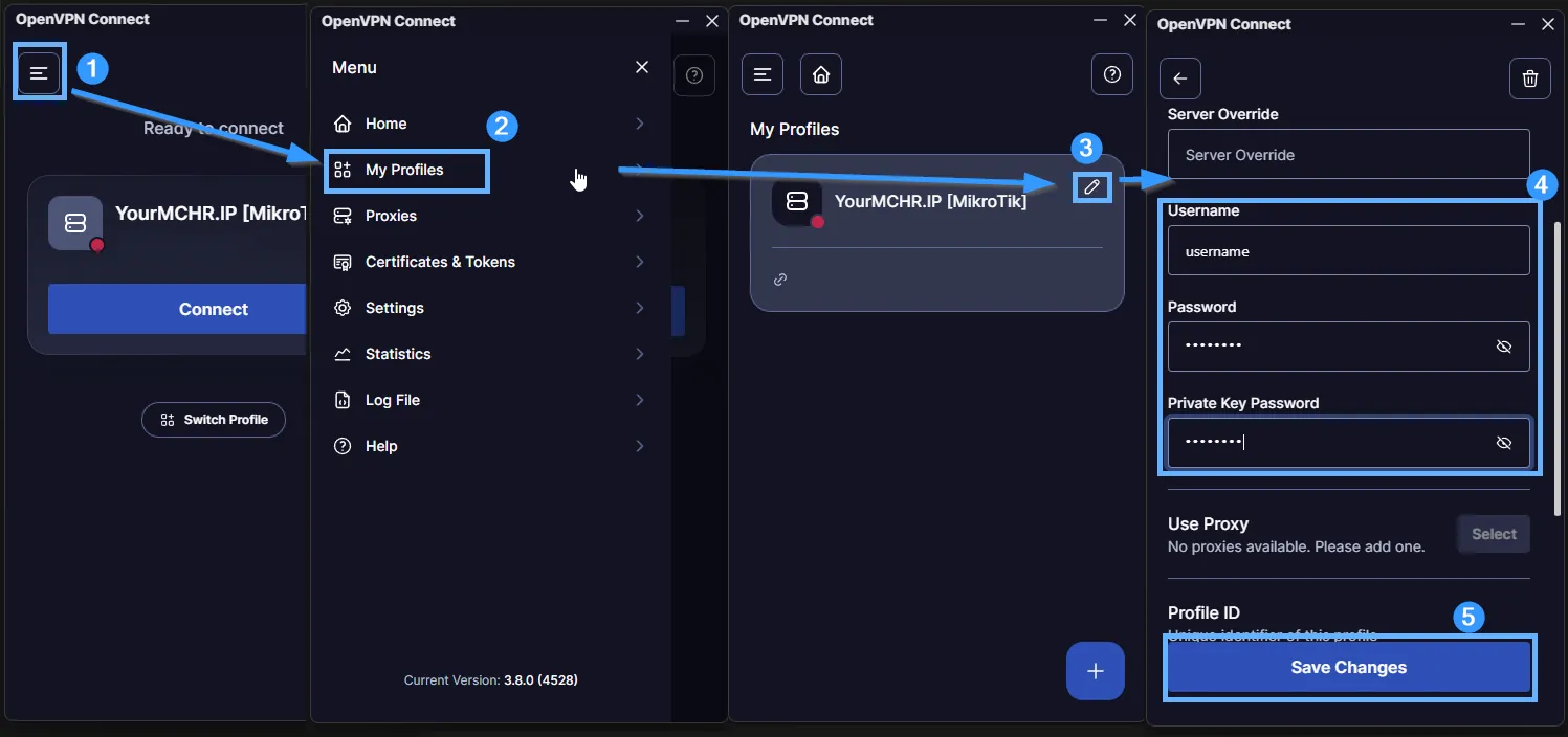 OpenVPN Connect showing the burger menu > My Profiles > edit pencil icon > credentials form with Username, Password and Private Key Password fields and Save Changes button