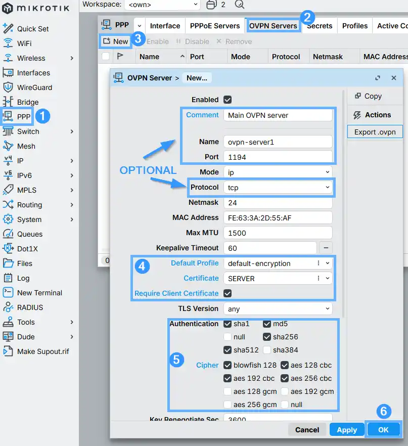 OpenVPN server configuration in RouterOS 7.17+ — PPP > OVPN Servers > New dialog with port 1194, TCP protocol, SERVER certificate, Require Client Certificate enabled and cipher selections