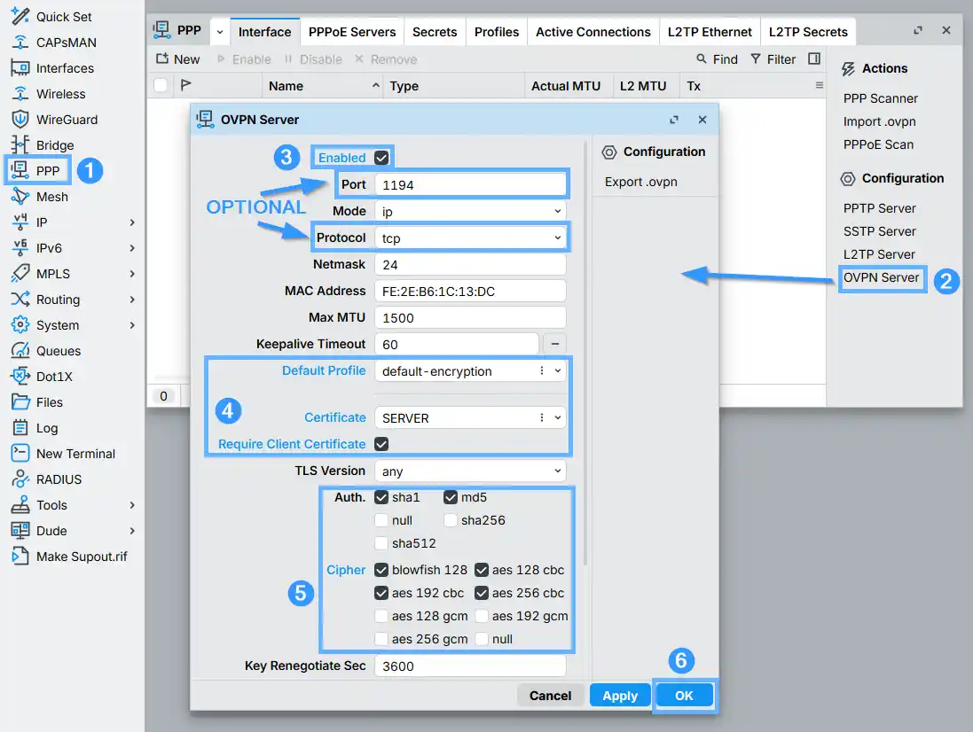 OpenVPN server configuration in RouterOS pre-7.17 — PPP > Interface > OVPN Server single dialog with Enabled checkbox, port 1194, TCP protocol, SERVER certificate and auth/cipher settings