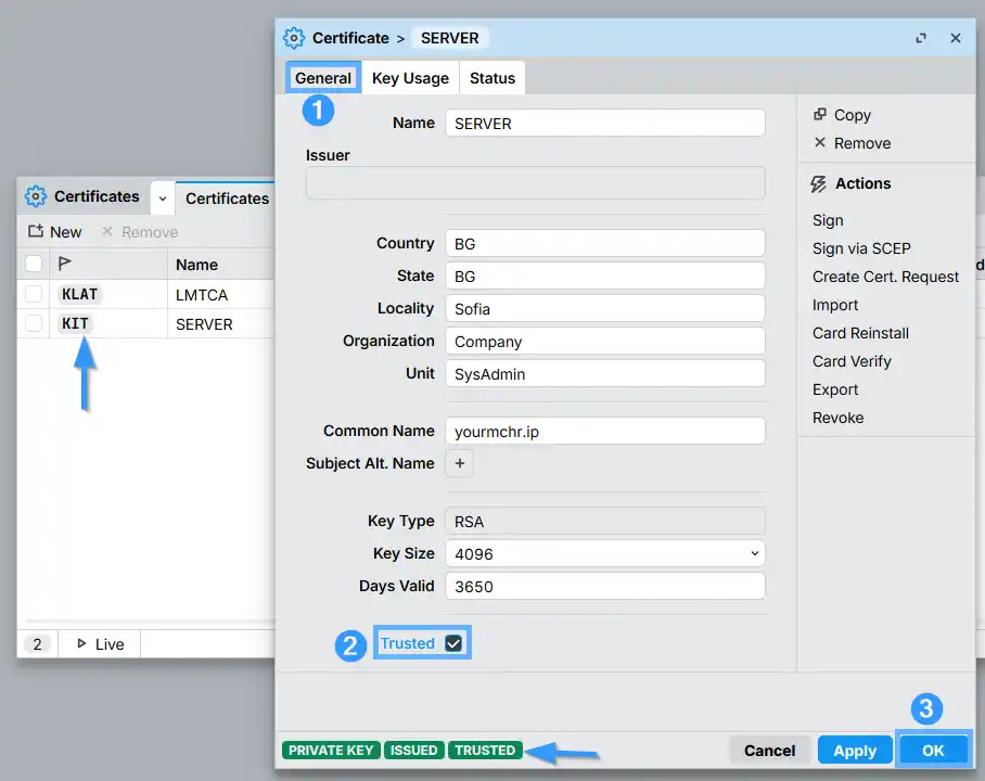 Marking the SERVER certificate as Trusted in MikroTik RouterOS WinBox — certificate General tab with the Trusted checkbox enabled