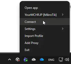 Windows system tray right-click context menu for OpenVPN Connect showing Connect, Settings, Import Profile, Add Proxy and Exit options