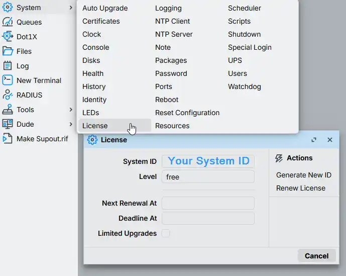 Winbox - MikroTik CHR Licence window