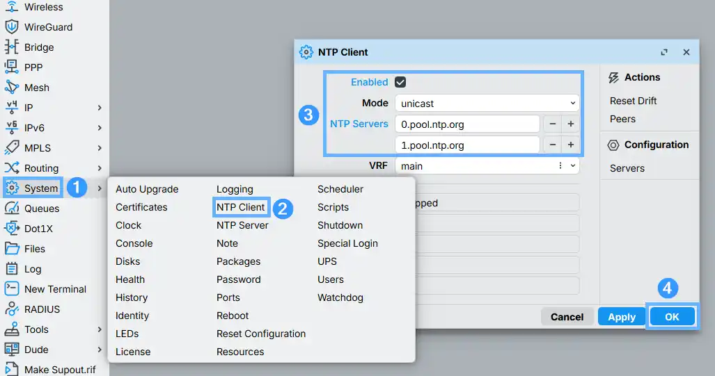 RouterOS NTP Client configuration in WinBox — System > NTP Client dialog with 0.pool.ntp.org and 1.pool.ntp.org added and Enabled checkbox checked