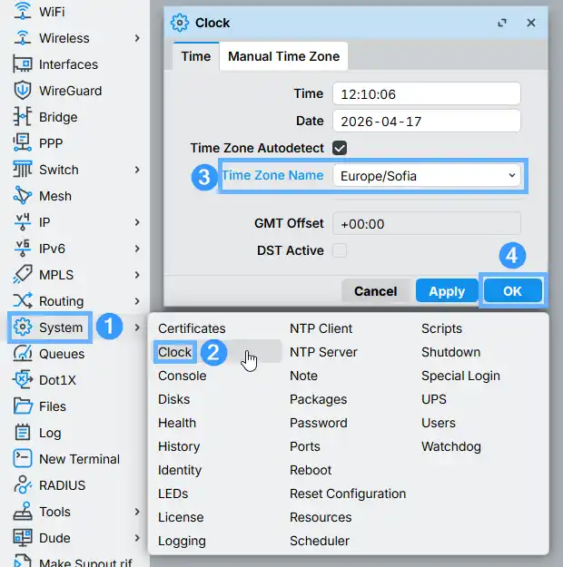 RouterOS Clock settings in WinBox — System > Clock dialog showing timezone set to Europe/Sofia with Time Zone Autodetect enabled