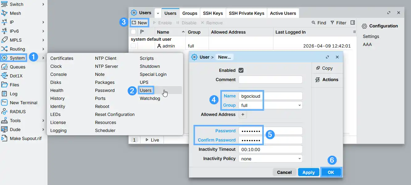 MikroTik WinBox showing the steps to create a new support user — System menu (1), Users submenu (2), New button (3), and the New User dialog with Name set to bgocloud, Group set to full, and password fields filled in (4–5), with the OK button highlighted (6)